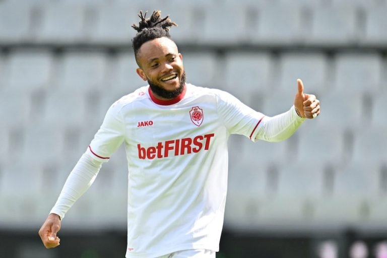 240421 Cercle Brugge vs Royal Antwerp FC Chidera Ejuke (19) of Antwerp celebrates during the Jupiler Pro League season 2