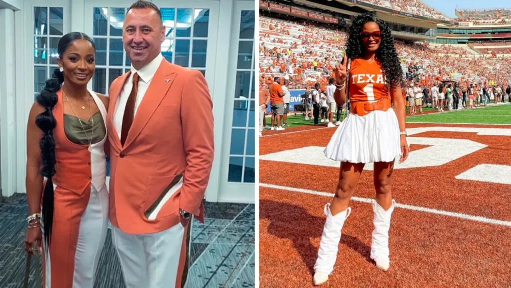 loreal-and-steve-sarkisian-in-orange-and-white-outfits-right-loreal-wearing-a-ut-jersey-white-skirt-and-white-boots